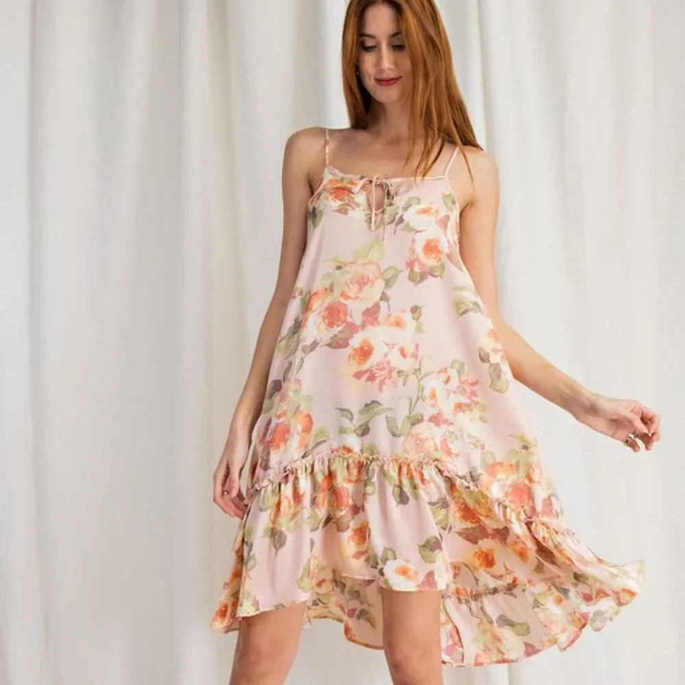 Easel Peach Hi Low Floral Print Cami Dress S NWT Ruffle Romantic Dreamy - Picture 6 of 10